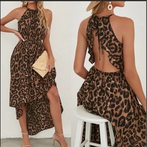 Leopard Animal Exotic Print Ruffle Tie Backless Asymmetrical Hem Halter Dress